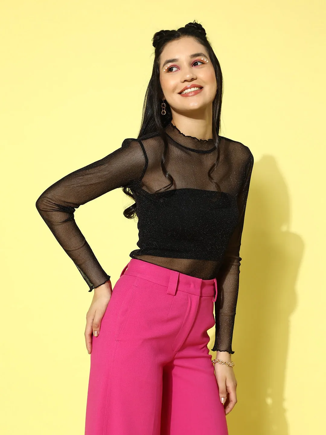Berrylush Women Solid Black High Neck Long Sleeves Net Semi-Sheer Shimmer Embellished Fitted Top