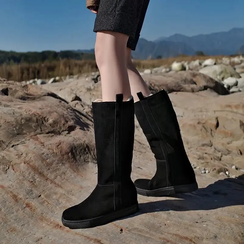 binfenxie  -  Cow Suede Snow Boots Women Pull On Mid Calf Winter Boots Thick Fur Warm Half Botas Ladies Casual Shoes