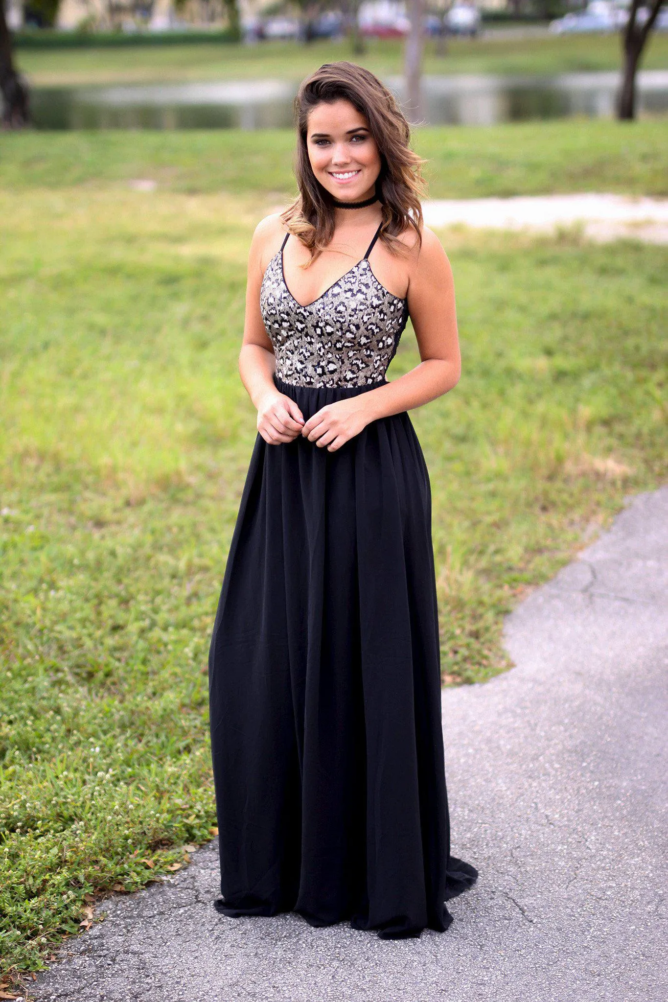 Black Sequined Maxi Dress with Crochet Back