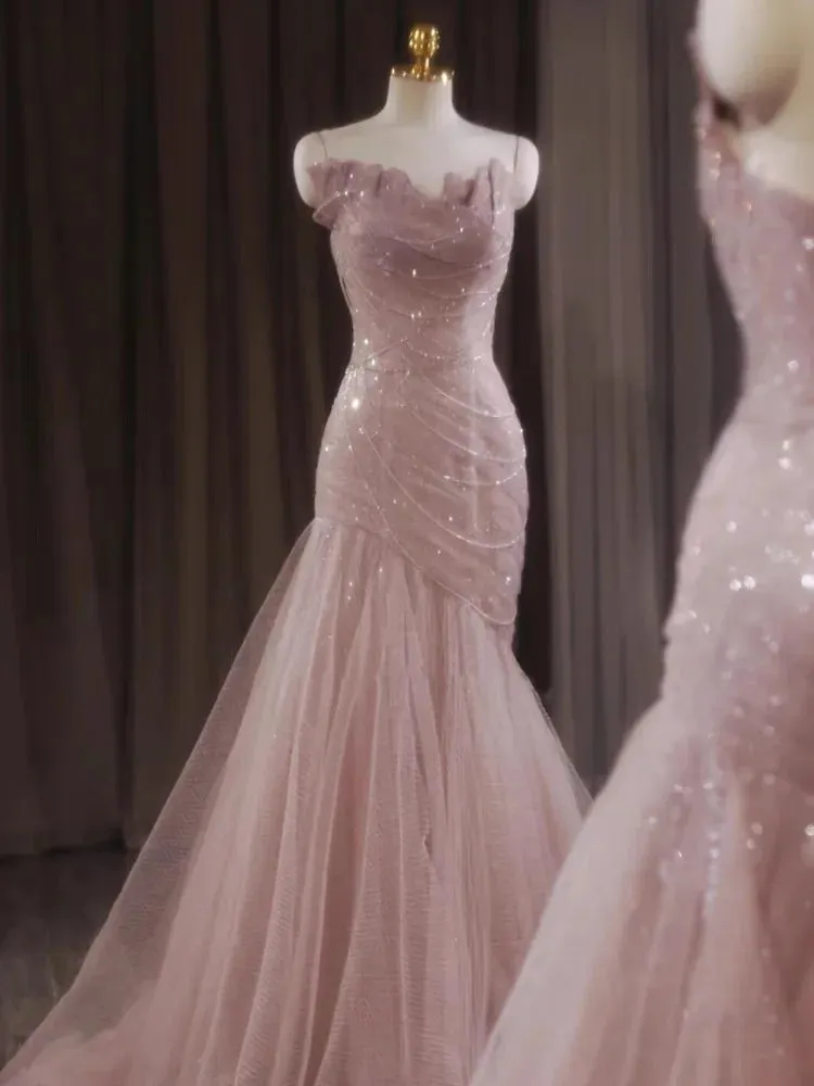 Girlary Rose Pink Mermaid Evening Dresses Pleat Asymmetry Chain Shiny Sequined Long Slim Fairy French Celebrity Prom Party Gowns Woman