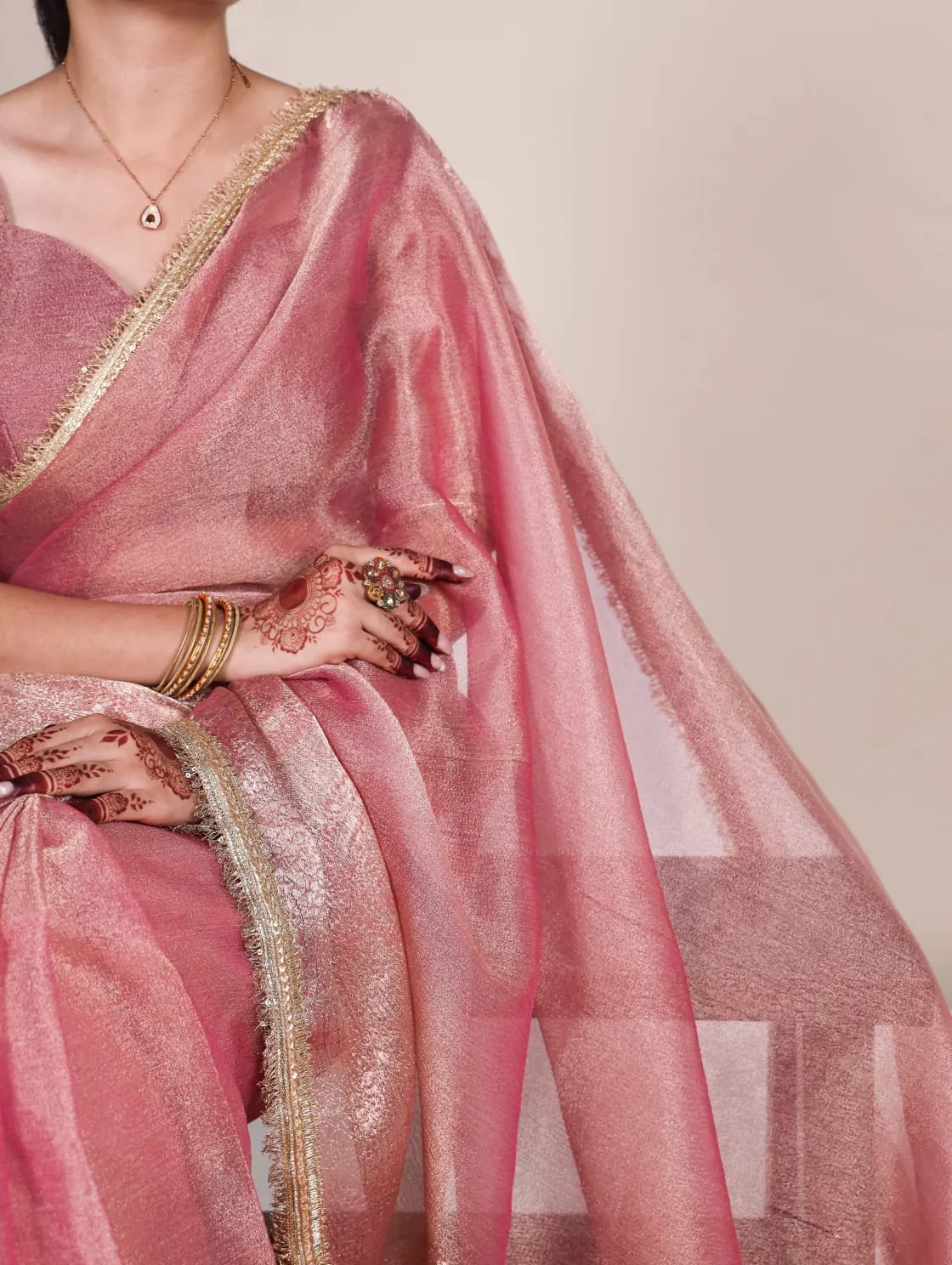 Light Pink Tissue Shimmer Zari Weaving Work Tissue Saree