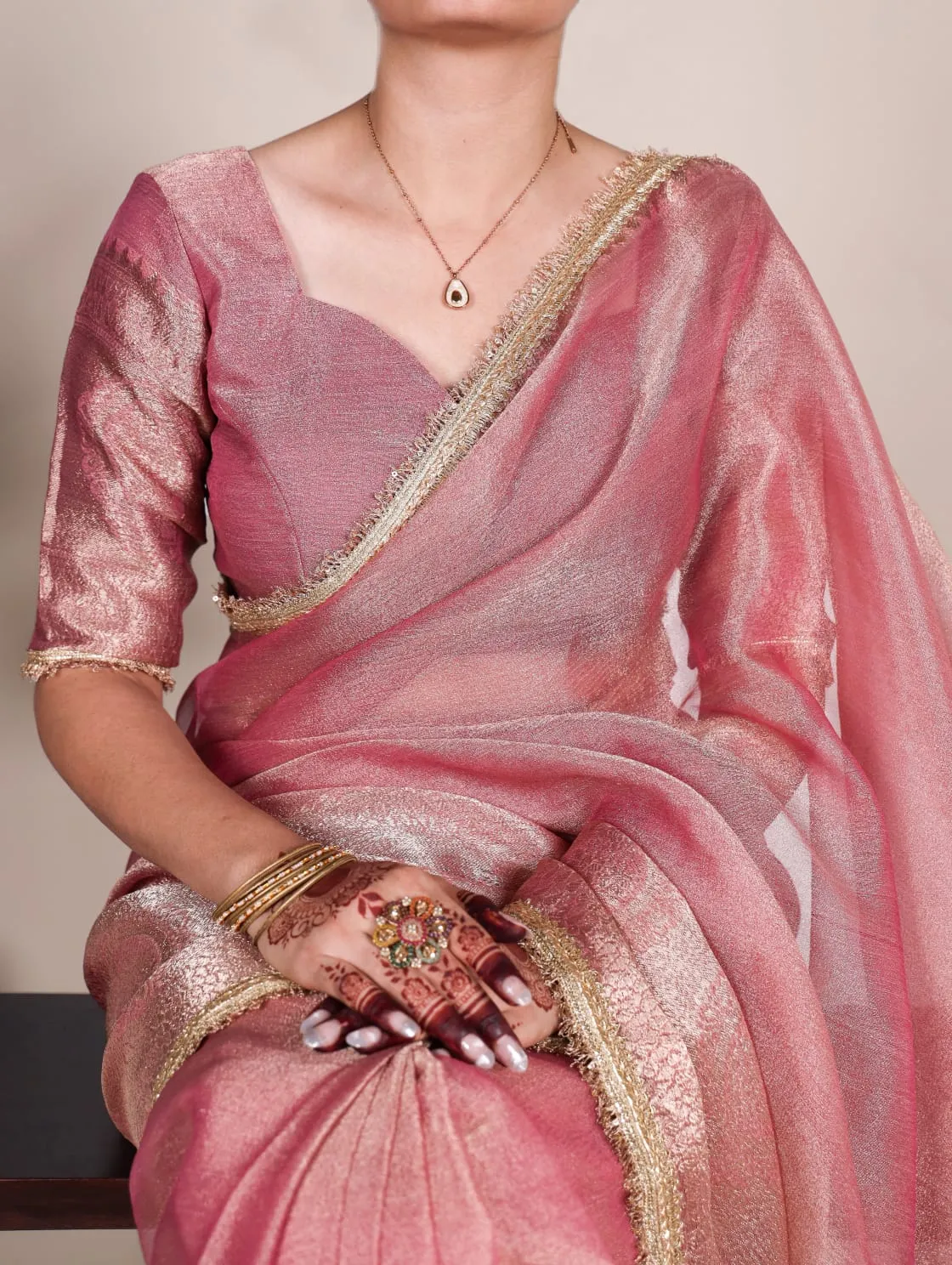 Light Pink Tissue Shimmer Zari Weaving Work Tissue Saree