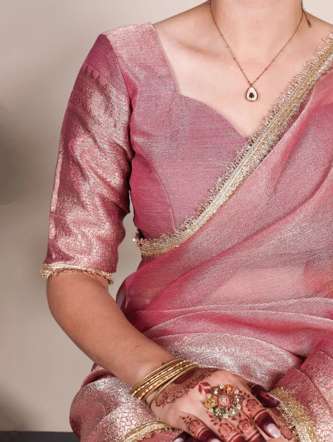 Light Pink Tissue Shimmer Zari Weaving Work Tissue Saree