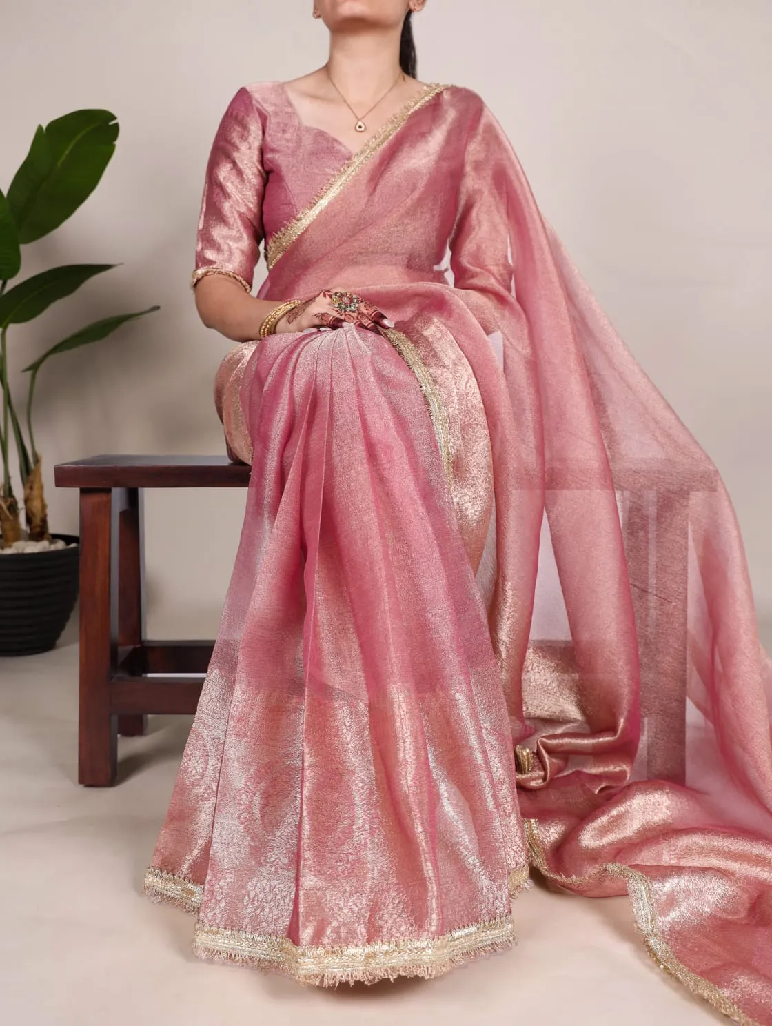 Light Pink Tissue Shimmer Zari Weaving Work Tissue Saree
